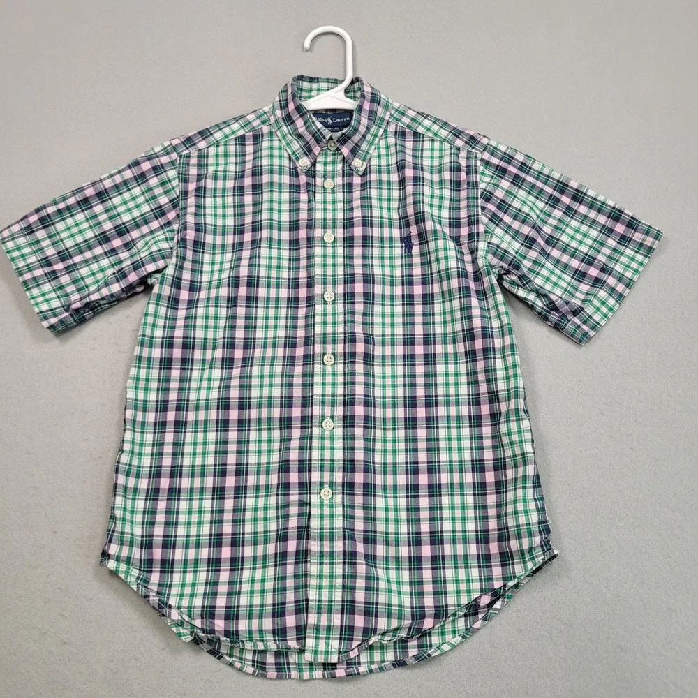 Ralph Lauren Boys S 8/10 Green Pink‎ Plaid Short Sleeve Button Down Shirt